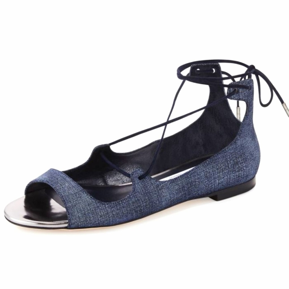 JIMMY CHOO Vernie Denim Flat Lace-up Sandals 12